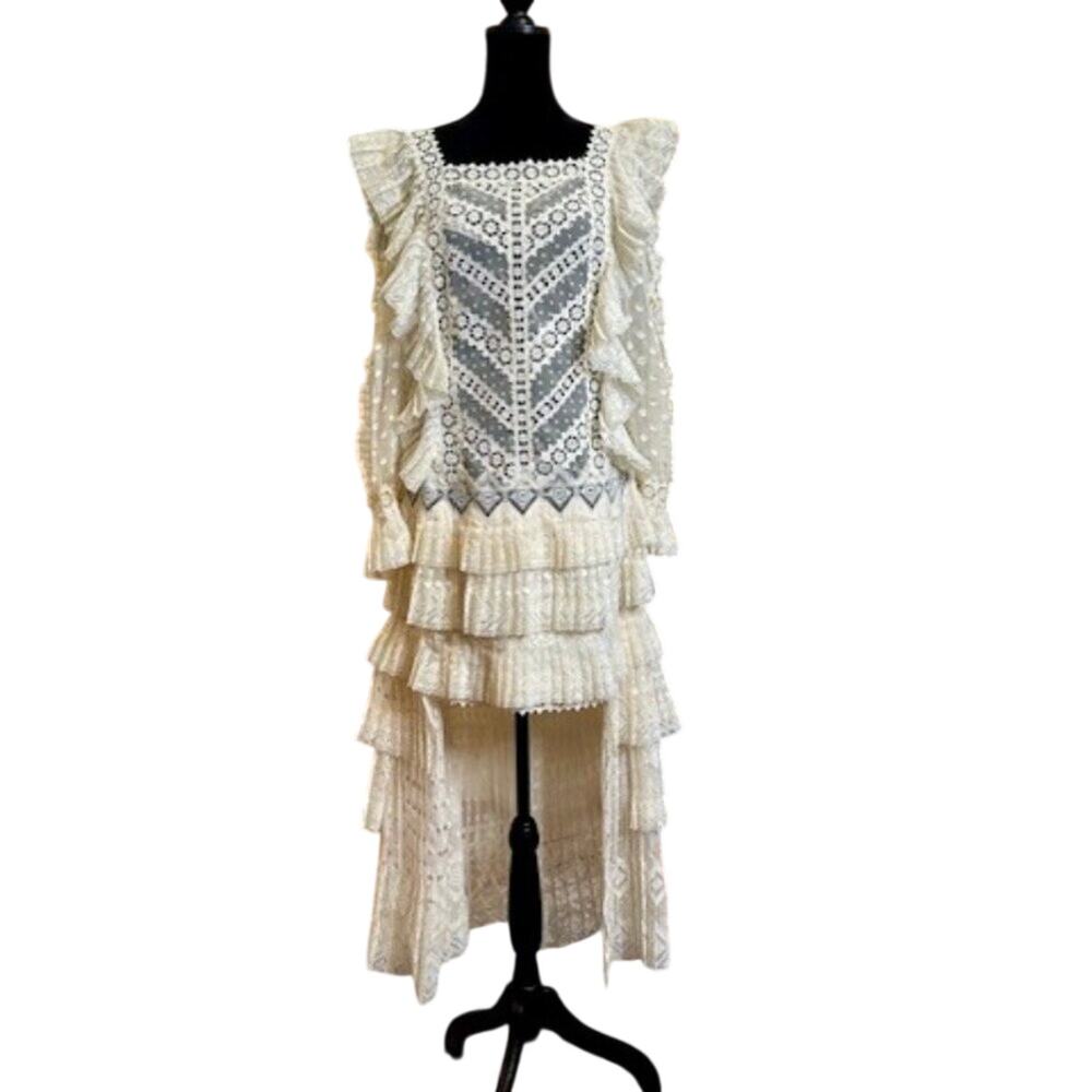 Zimmermann Lace Dress Long Sleeve High Low Skirt Off White Size 1 Medium 6